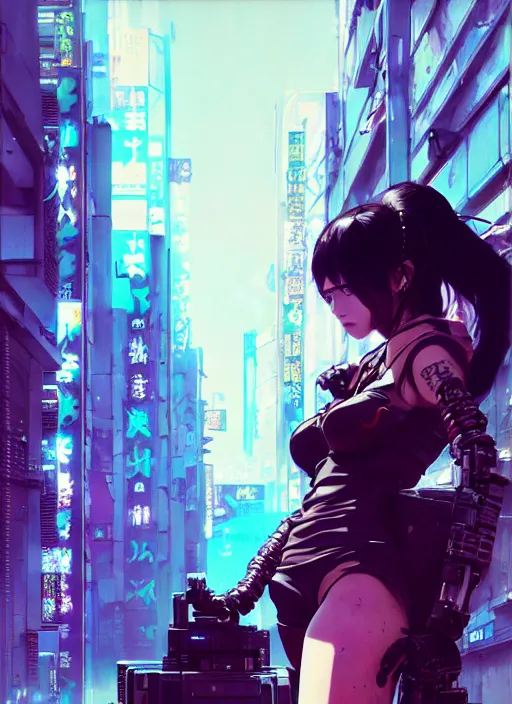 Image similar to hyper - realistic cyberpunk portrait of beautiful! anime woman standing on tokyo street, extreme detail, alluring, in style of yoji shinkawa, pan ren wei, col price, atey ghailan, by greg rutkowski, by greg tocchini, by james gilleard, by joe fenton, by kaethe butcher, grunge aesthetic