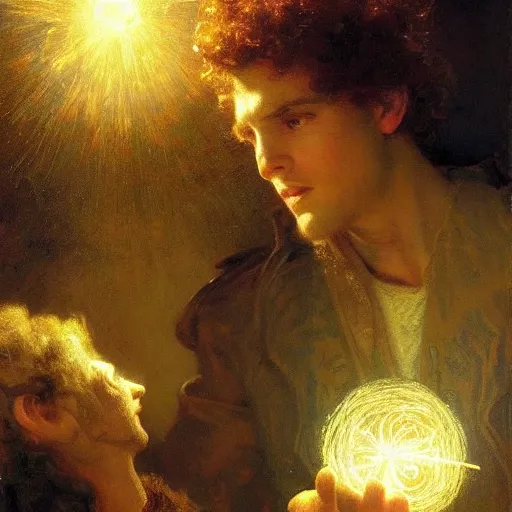 Prompt: a handsome young man with curly brown hair summons a ball of light into his hand. dramatic. cinematic. holy. saintly. demigod. lord of light. gaston bussiere. geoffroy thoorens