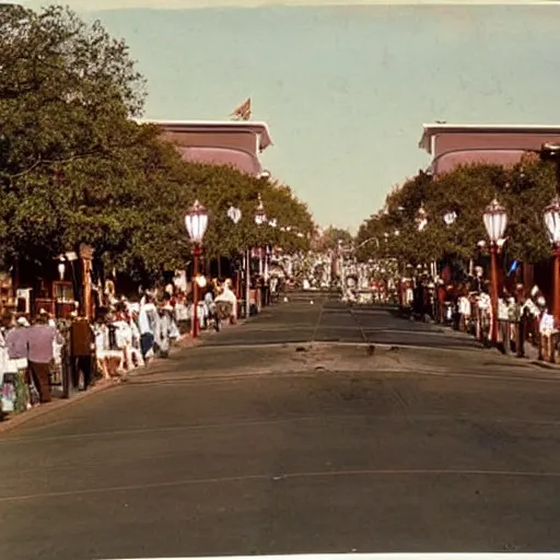 Prompt: disney world main street after the bomb dropped