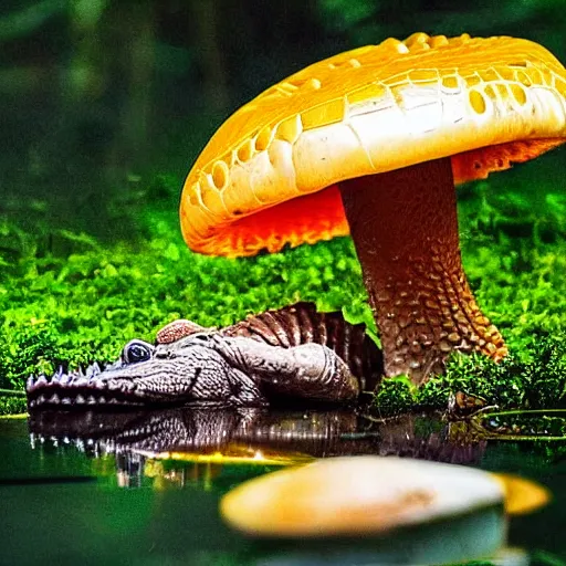 Image similar to alligator eating a magic mushroom