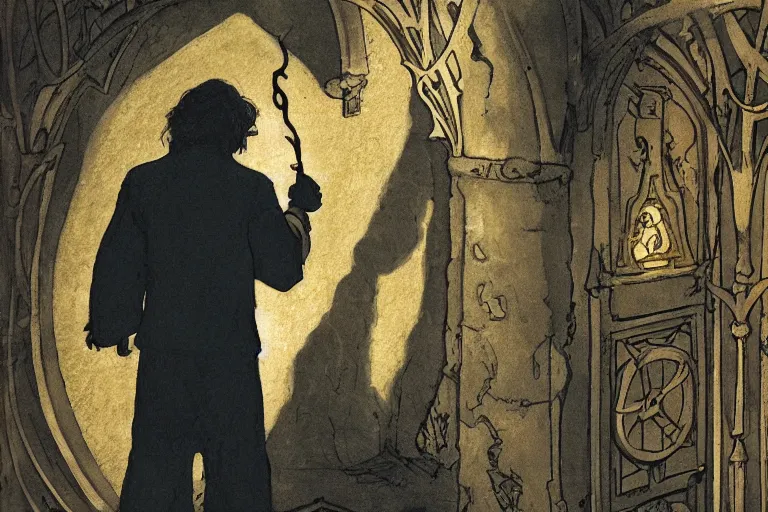 Image similar to a man holds a torch and explores a Dungeon, luminous, Art Nouveau