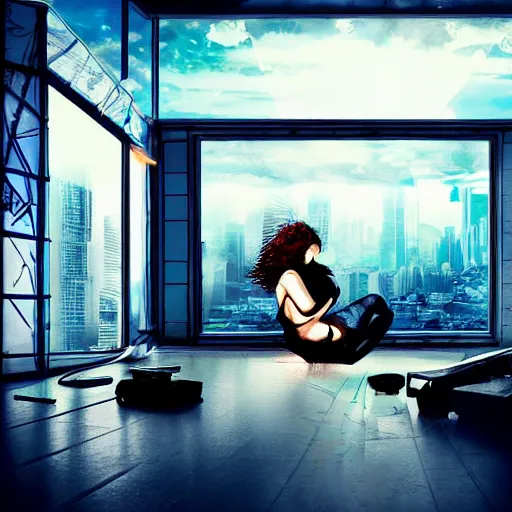 Image similar to cluttered living room wide shot cyberpunk high tech, cool cybernetic girl sitting at table, through the window is a cityscape, dramatic lighting, god rays, music by vangelis