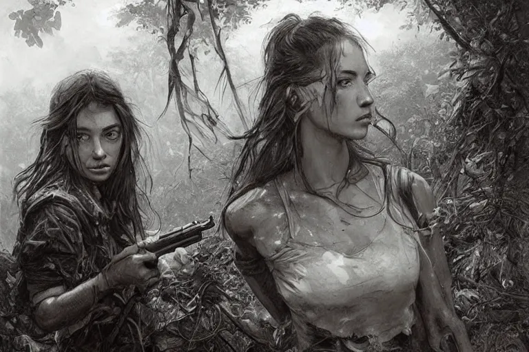 Image similar to artstation concept of a beautiful adventurous girl holding a .45 revolver, sweaty skin, symmetrical face, high body detail, ripped up field fatigues, torn off shirt, jungle background with ruins, vines, hyperdetailed, artstation trending, world renowned artists, worth1000.com, cgsociety, by greg rutkowski, by Gustave Doré, by Marco Turini, by Artgerm, Deviantart in the style of Tom Bagshaw, Cedric Peyravernay, Peter Mohrbacher