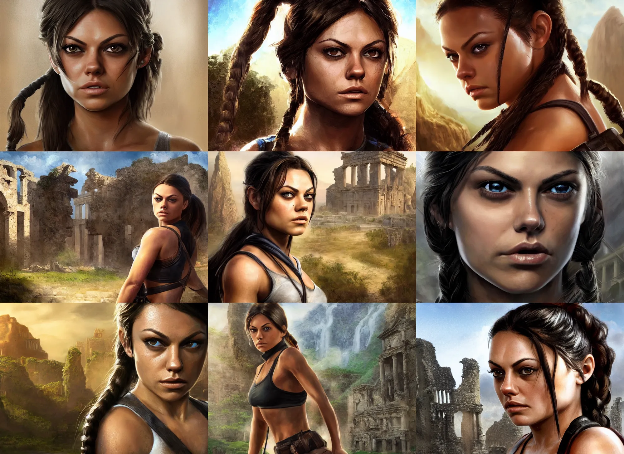 Prompt: face portrait of concentrated young Mila Kunis as muscled Lara Croft with pigtails hair stepping out epic ancient ruins directly looking into the camera, sun beams, intricate, elegant, highly detailed, centered, crispy sharp digital painting, artstation, concept art, smooth, sharp focus, illustration, Allan Lee, John Howe