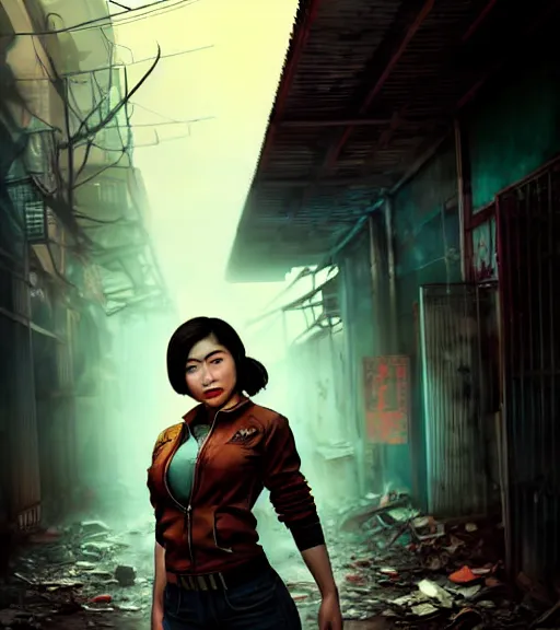 Prompt: fallout 5, charismatic beautiful rugged asian female protagonist, portrait, outdoors in a dilapidated tokyo back alley, atmospheric lighting, painted, intricate, volumetric lighting, daytime, autumn, fog, sharp focus, ultra detailed, art by william turner