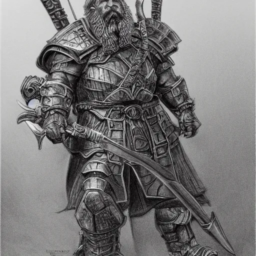 Prompt: ultra-detailed pencil sketch of a heavily armored dungeons and dragons, DnD dwarf warrior with lots of weapons and equipment by Wayne Reynolds, by Richard Whitters