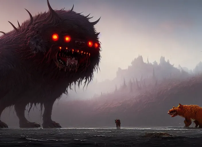 Prompt: giant monstrous aggressive furred creature lurking over a cowering smaller creature, in the foreground a small town, epic science fiction horror digital matte painting by Simon Stalenhag and Mark Brooks (and Greg Rutkowski), extremely detailed, artstation