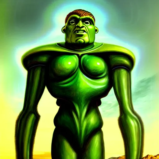 Image similar to a picture of a green giant humanoid with his fist up with futuristic brown suit with helmet, background ancient alien landscape, low angle, trending on deviantart, fantasy, intricate, highly detailed, lifelike, photorealistic, digital painting, artstation, illustration, concept art, smooth, sharp focus, artwork by frank frazetta