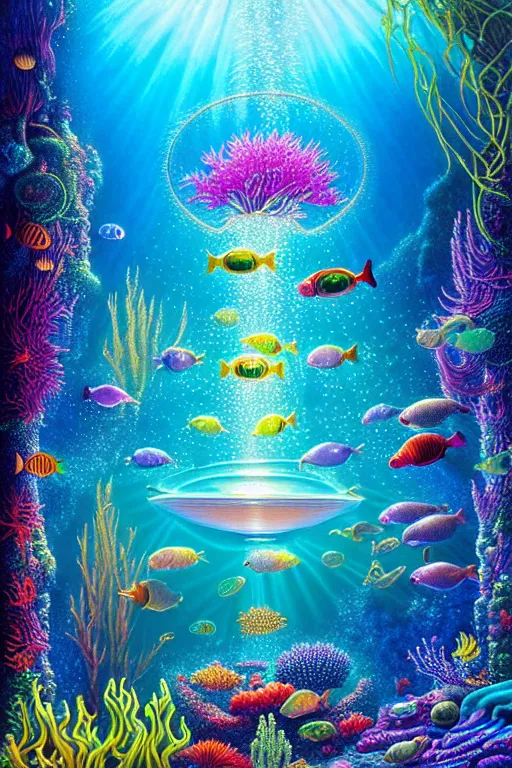 Prompt: a photorealistic detailed image of a beautiful vibrant iridescent underwater seascape of full of colorful aquatic plants, spiritual science, divinity, utopian, by david a. hardy, hana yata, kinkade, lisa frank,