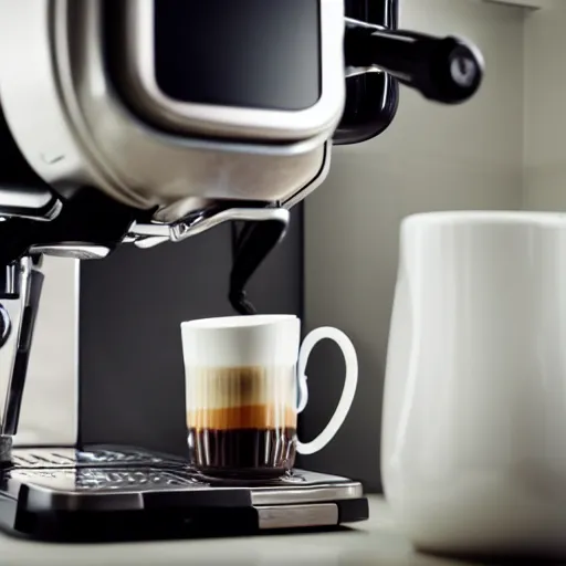 Prompt: dslr photo of a biomechanical coffee machine in a kitchen,