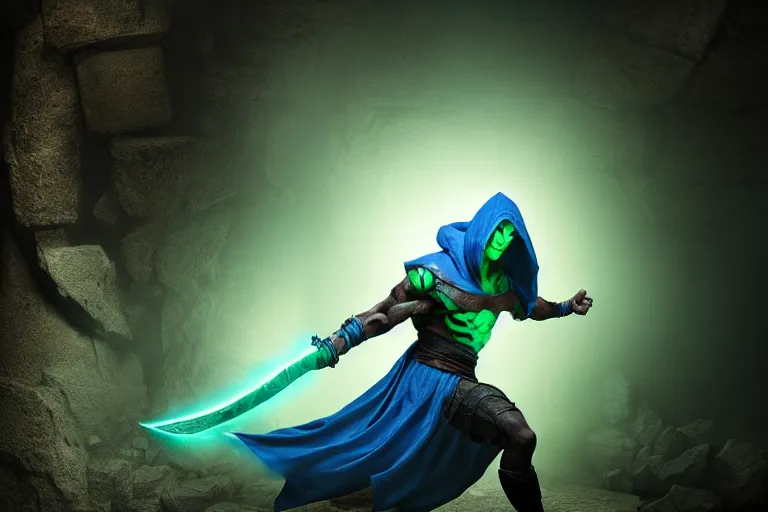 Image similar to vfx film, photorealistic render, soul reaver, raziel irl, price of persia movie, missing jaw, hero pose, devouring magic souls, scarf, hood, glowing green soul blade, in epic ancient huge underground temple, stonehenge, flat color profile low - key lighting award winning photography arri alexa cinematography, hyper real photorealistic cinematic, atmospheric cool colorgrade