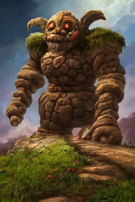 Image similar to zelda fantasy art giant golem troll wood rock greeble gemstone, global illumination ray tracing hdr fanart arstation by sung choi and eric pfeiffer and gabriel garza and casper konefal