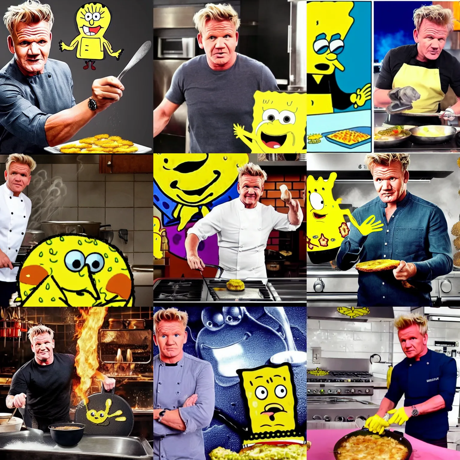 Prompt: Gordon Ramsay frying SpongeBob SquarePants on a pan, highly detailed