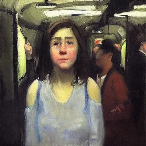 Prompt: “ a girl in the new york city subway, oil painting, by george bellows ”