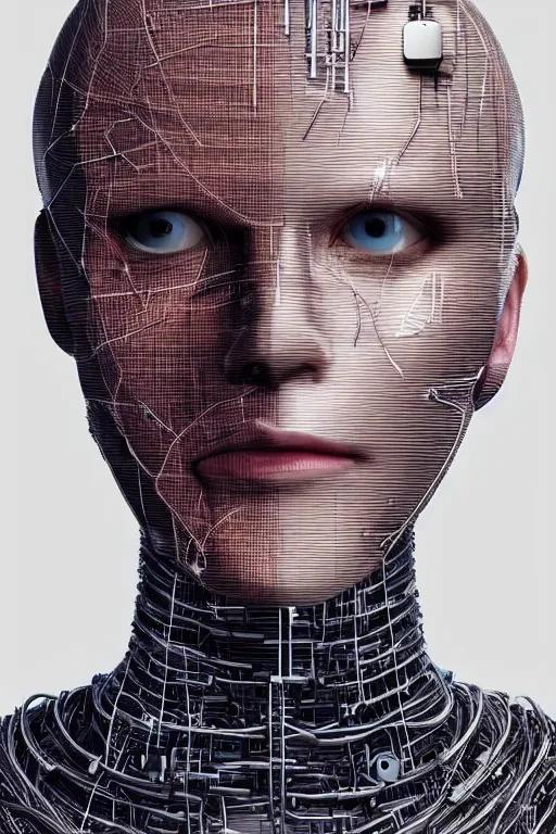 Image similar to robot with human face, female head, full body angle, woman human face, human face realistic, beautiful blonde hair, human head, human head with blonde hair, blonde hair human head, blonde hair, human realistic face, human head skin, cyborg frame concept, cyborg by ales-kotnik, sci-fi android female, the body is made of wires, robotic body, cyborg body, cyborg bust body, robot body cyborg, full body
