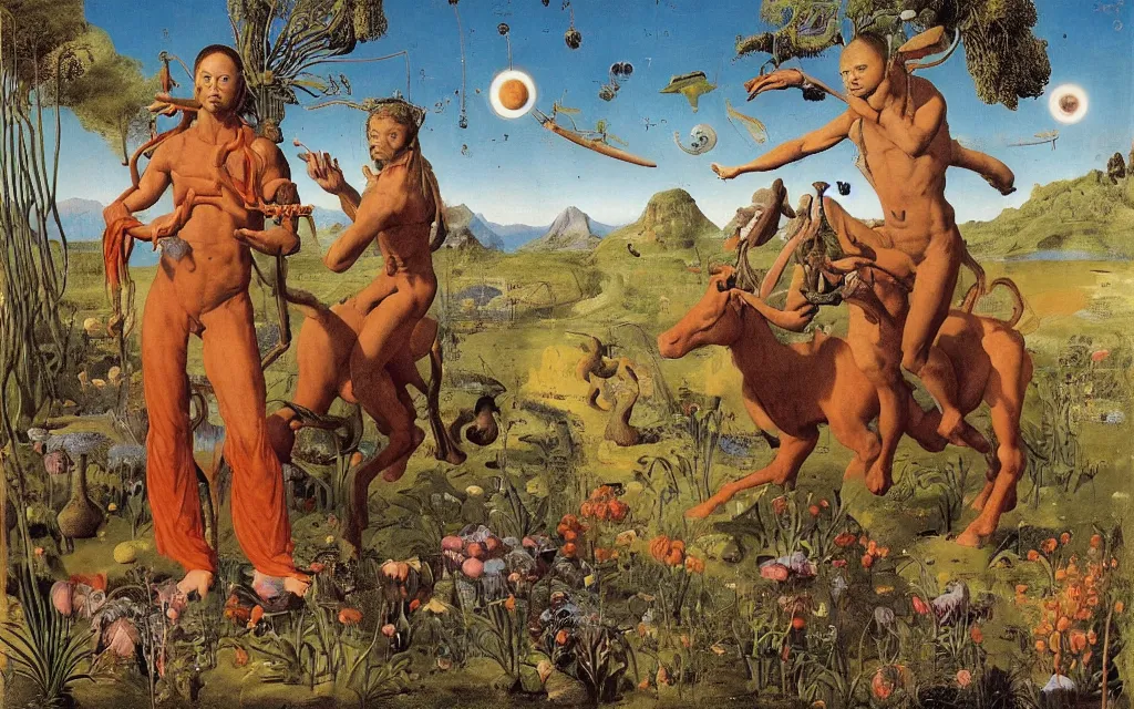 Image similar to a portrait photograph of a meditating satyr and a centaur monk riding a rocket machine and hunting at a river delta. surrounded by bulbous flowers and trees. mountain range under a blue sky of fiery stars. by jan van eyck, max ernst, ernst haeckel, ernst fuchs and artgerm, cgsociety, fashion editorial, 8 k