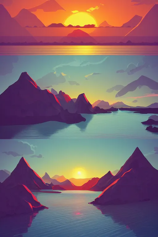 Image similar to sunrise mountain water vector illustration digital art by james gilleard trending on artstation