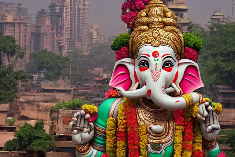 Prompt: beautiful biomorphic new delhi, cyborg ganesha!! building, kalighat flowers, octane highly detailed cinematic, stephen shore & john j. park, soft morning light, wide shot, aerial shot, uhd 8 k, shallow depth of field