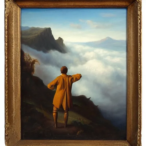 Prompt: painting of a wanderer wearing a suit above the sea of fog standing atop the mountain