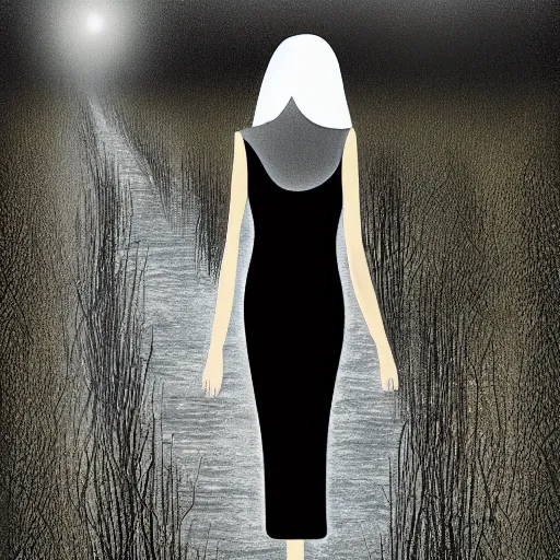 Prompt: tall slender woman with long grey hair in a black dress walking out of a swamp, by graham ingels,