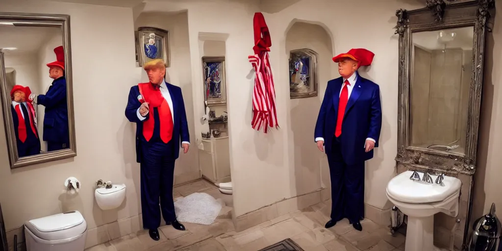 Image similar to ultra wide angle photo of donald trump dressed as willy wonka, from willy wonka and the chocolate factory, looking at himself in a bathroom mirror and seeing his reflection as an oompa loompa version of himself