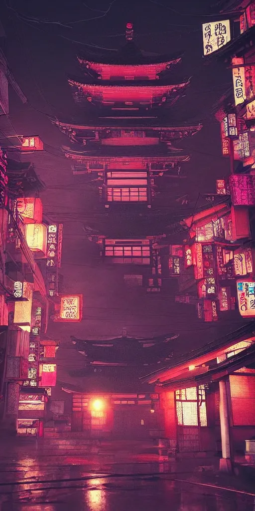 Image similar to “an ancient Japanese temple, shrouded in a cyberpunk city, during a rainy night, 4k, cinematic, pink and aqua neon lights, dark, hyperrealistic, trending of art station”