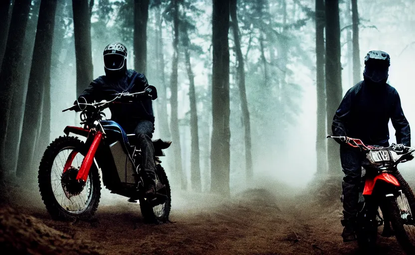 Image similar to cinestill 5 0 d candid photographic portrait by steve mccurry of joe biden wearing rugged black mesh techwear riding on a dirtbike through a deep forest, extreme closeup, modern cyberpunk moody emotional cinematic, snow storm, 8 k, hd, high resolution, 3 5 mm, f / 3 2, ultra realistic faces, ex machina