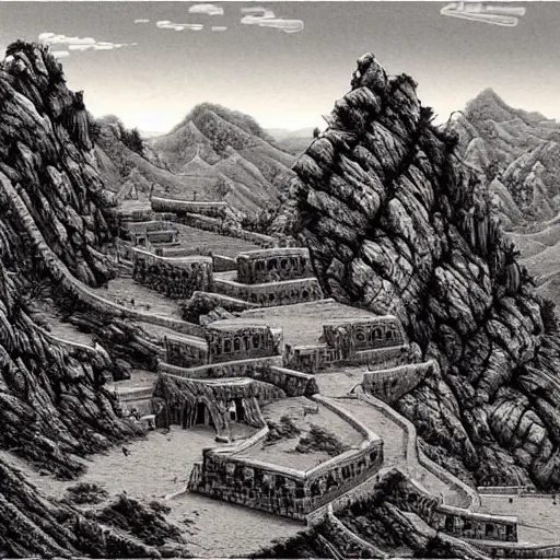 Image similar to ancient chinese fortress in the mountains of xi\'an, desert environment, mountainous gobi desert historic woodcut-styled artwork from ancient china hyperdetailed, artstation trending, world renowned artists, worth1000.com, historic artworks society, antique renewel, cgsociety, by greg rutkowski, by Gustave Dore, Deviantart