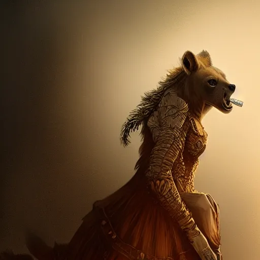 Prompt: portrait, hyena, female, wearing dress, smoking cigarette, gorgeous, intricate, elegant, volumetric lighting, scenery, high detail digital art, smooth, tony sart, randy vargas, rembrandt, sharp focus, illustration, concept art