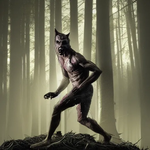 Image similar to man ripping off his skin turning into a werewolf, forest scenery, full moon, illuminated lighting, highly detailed, 4 k