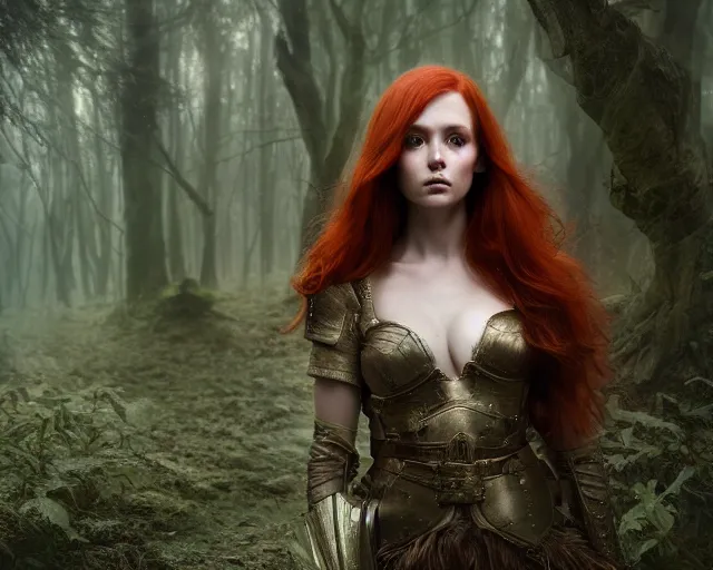 Image similar to 5 5 mm portrait photo of an armored gorgeous aesthetic redhead woman warrior, in a magical forest. fantasy atmosphere. art by greg rutkowski. highly detailed 8 k. intricate. lifelike. soft light. nikon d 8 5 0.