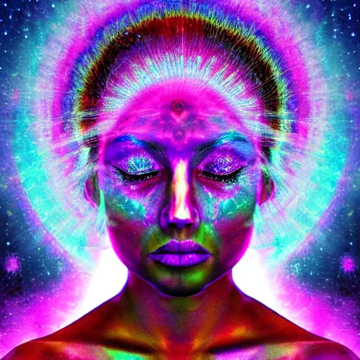 Prompt: Psychadelic picture of a womans face expanding her consciousness into the universe, digital art, high resolution