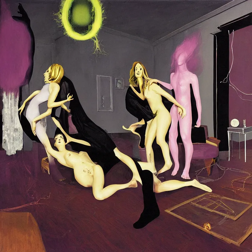 Image similar to One man and one woman attached by love in a living room of a house, floating dark energy surrounds the middle of the room. There is one living room plant to the side of the room, surrounded by a background of dark cyber mystic alchemical transmutation heavenless realm, cover artwork by francis bacon and Jenny seville, midnight hour, part by adrian ghenie, part by jeffrey smith, part by josan gonzales, part by norman rockwell, part by phil hale, part by kim dorland, palette knife texture, smudged paint, muted cold colors, artstation, highly detailed