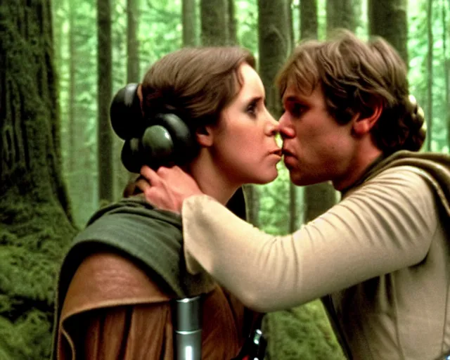 Prompt: luke skywalker, princess leia and han solo hugging and kissing in the forest of endor at the end of return of the jedi