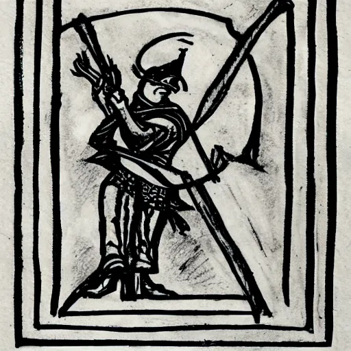 Prompt: Robin Hood stamp in medieval style, ink outline, charcoal on paper, ex libris