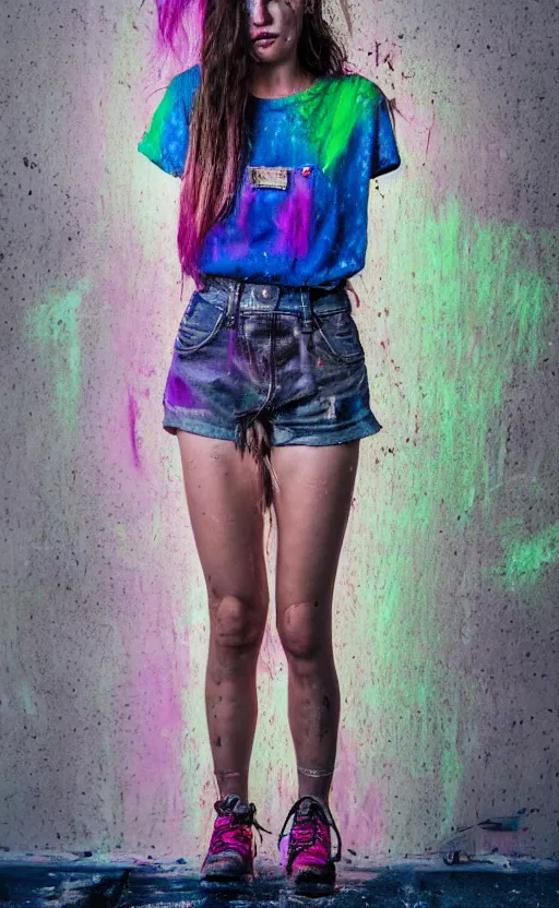 Prompt: grungy woman, rainbow hair, soft eyes and narrow chin, dainty figure, wet t-shirt, torn overalls, skimpy shorts, covered in neon paint, luminescent, dark, dramatic, cinematic, Sony a7R IV, symmetric balance, polarizing filter, Photolab, Lightroom, 4K, Dolby Vision, Photography Award