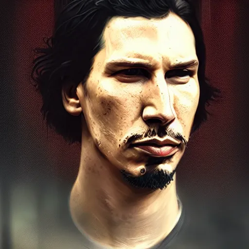 Prompt: adam driver portrait, dystopia core, apocalyptic, armor, warrior, dramatic, sharp focus, fiction, neon, fantasy, hyper detailed, digital art, trending in artstation, cinematic lighting, studio quality, smooth render, unreal engine 5 rendered, octane rendered, art style and nixeu and wlop and krenz cushart