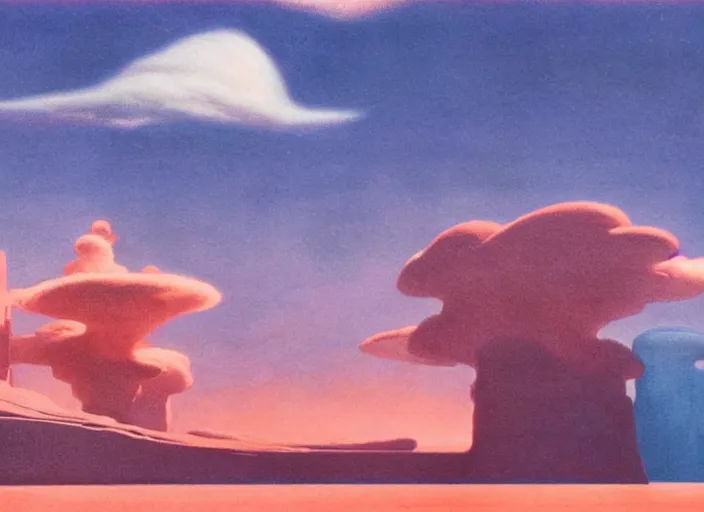 Image similar to floating islands, idyllic, menacing, nebulous clouds, thundrous hellish floating crumbling islands particulate and shivering cold of the apocalypse, hyperfluorescent saturated pastel pleasing - palette matte painting matte painting from fantasia ( 1 9 4 1 )