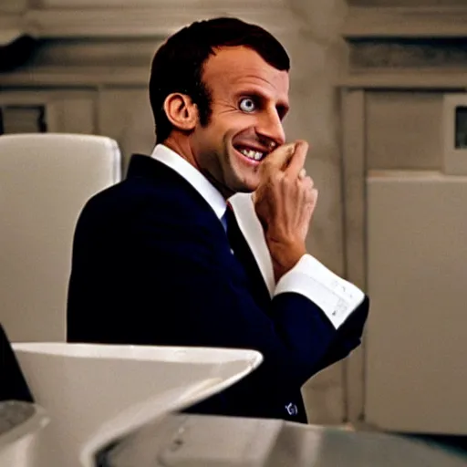 Image similar to Emmanuel Macron laughing in American Psycho (1999)