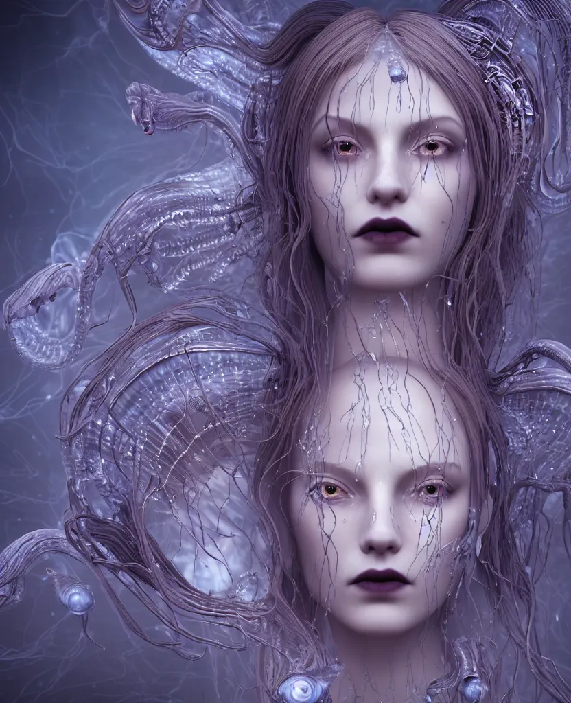 Image similar to close-up portrait of the face of a beautiful gloomy gothic princess, epic angle and pose, symmetrical artwork, 3d with depth of field, blurred background, cybernetic jellyfish female face skull phoenix bird, translucent, nautilus, energy flows of water and fire. a highly detailed epic cinematic concept art CG render. made in Maya, Blender and Photoshop, octane render, excellent composition, cinematic dystopian brutalist atmosphere, dynamic dramatic cinematic lighting, aesthetic, very inspirational, arthouse. y Greg Rutkowski, Ilya Kuvshinov, WLOP, Stanley Artgerm Lau, Ruan Jia and Fenghua Zhong