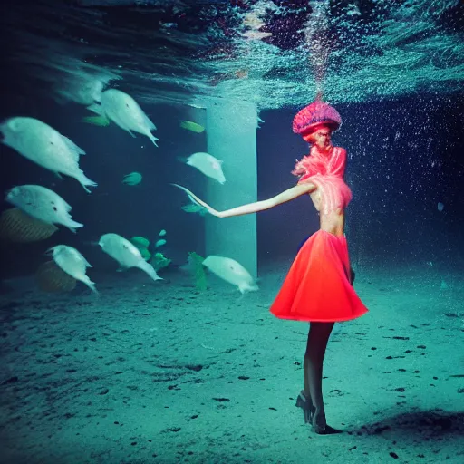 Prompt: medium format photograph of a surreal fashion shoot underwater with lightning strikes and neon fish