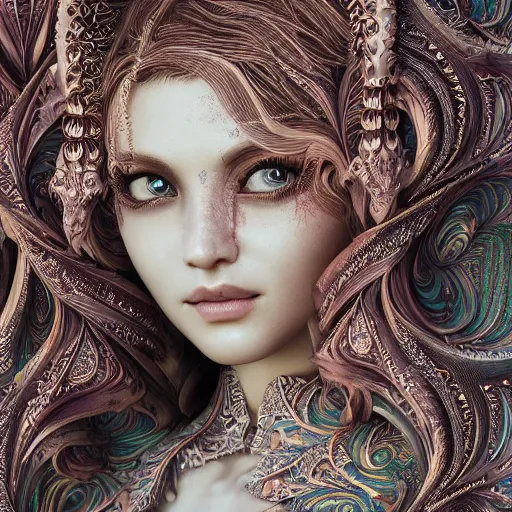 Image similar to wonderful princess of fractals and patterns, beautiful face, hyper detailed, background intricate and detailed, ornate 8 k gorgeous intricate detailed, octane render