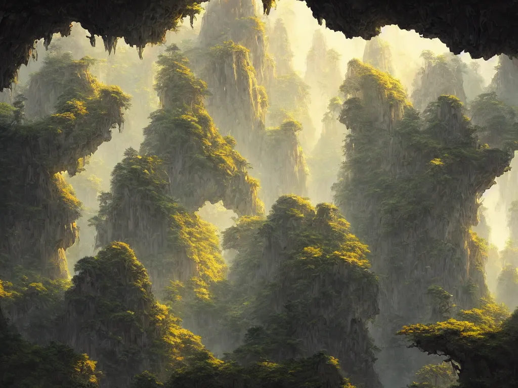 Prompt: huangshan with floating islands, zero gravity, karst pillars, complex buddisht temples on hilltops, artwork by federico pelat, andreas rocha, greg rutkowski, artstation, scifi, hd, wide angle, view on the valley from inside a grotto, autumnal