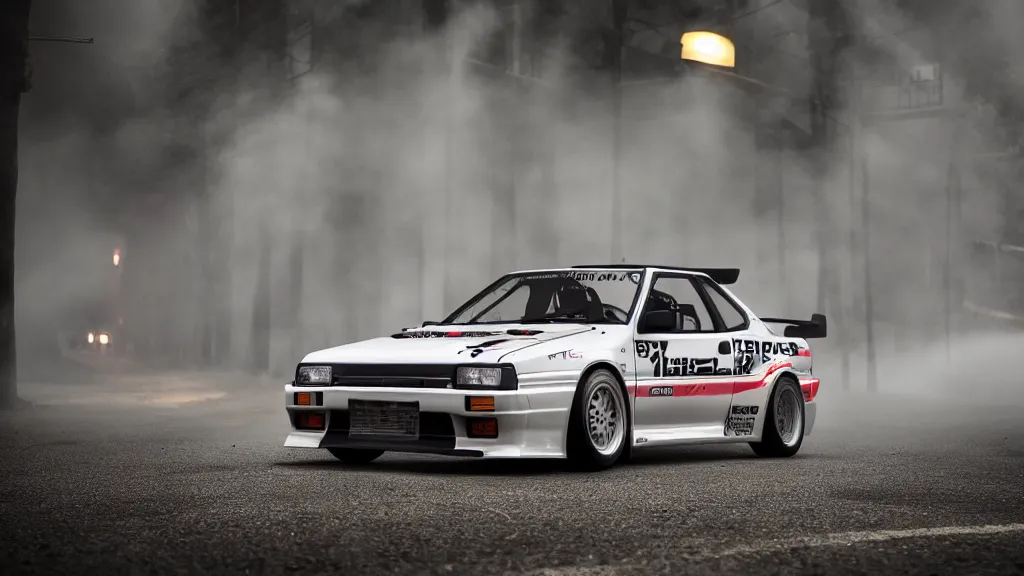 Image similar to takumi fujiwara's toyota ae 8 6 takumi fujiwara's toyota ae 8 6, cinematic, nikon d 7 5 0, long exposure, white balance, 8 k, led, lumen global illumination, fog, ray tracing reflections, fxaa, rtx, post - production