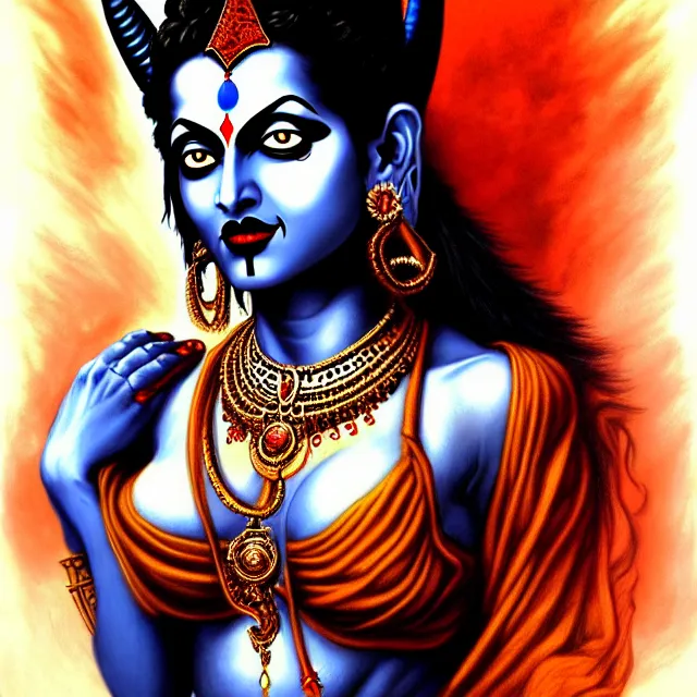 Prompt: portrait, stunningly attractive goddess Kali, super fine digital airbrush and pastels, dramatic lighting, extremely high detail, digital pen and digital ink, intricate illustration, by Stephen Bradbury, Frank Frazetta, Lorenzo Sperlonga, artstation, WLOP, deviantart, Pixiv