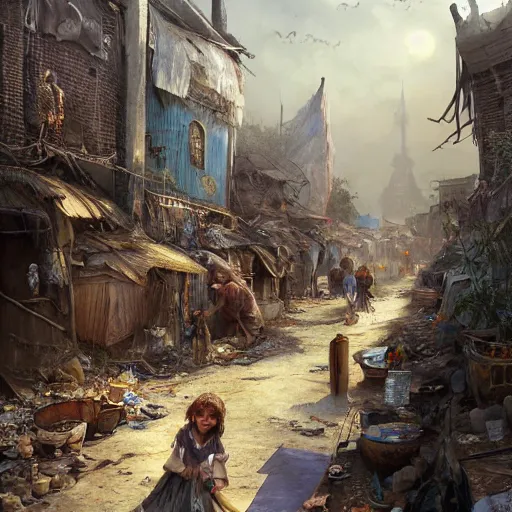 Image similar to slum neighborhood in lord of the ring world, fantasy, on artgerm, ilya yefimovich repin style, hyperrealistic content, high definition content, intricate, delete duplicate content, justify content center, left align, right align, ultra detailed content, ultra realistic human + environment + animal content, 5 dark tone colors