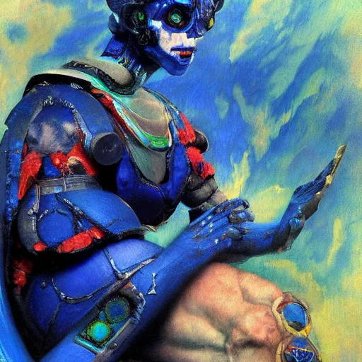 Image similar to hi - tech version of blue demon seated by vrubel, with hi - tech singularity body interface. highly detailed fantasy science fiction painting. rich colors, high contrast. artstation