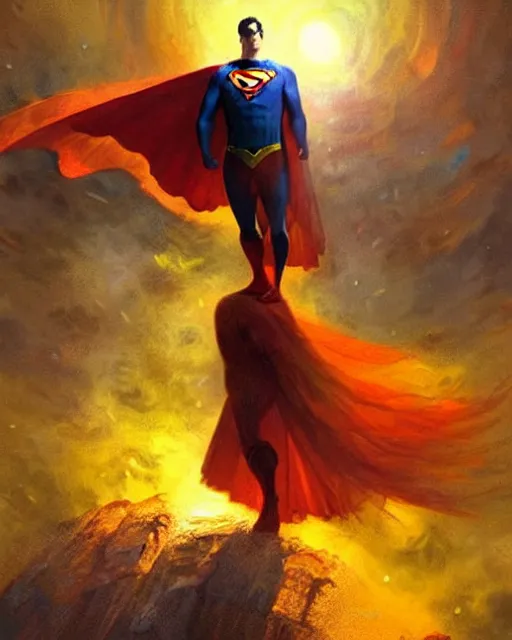 Image similar to superman emerging from the sun, elegant, orange yellow ethereal, horror, fantasy art by greg rutkowski and magali villeneuve and claude monet