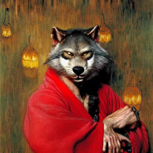 Prompt: a male ninja ratwolfman rat wolf man in a red kimono furry arms furry body. furaffinity furry art detailed face painting by gaston bussiere craig mullins jc leyendecker gustav klimt artgerm greg rutkowski furry