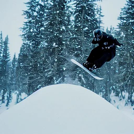 Prompt: photo darth vader snowboarding, cinestill, 800t, 35mm, full-HD